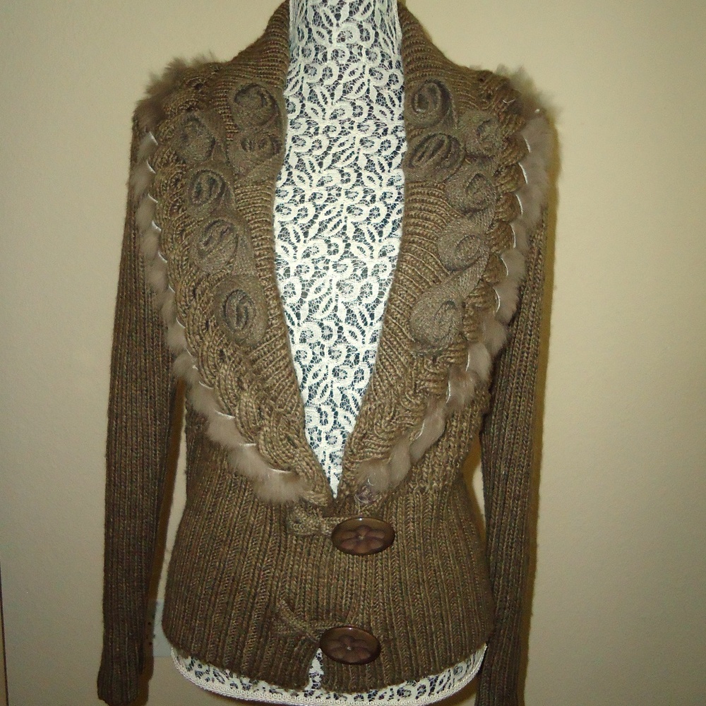 John Fashion Sweater Women's Knit Brown Natural Mink Fur 55% Wool Size-M